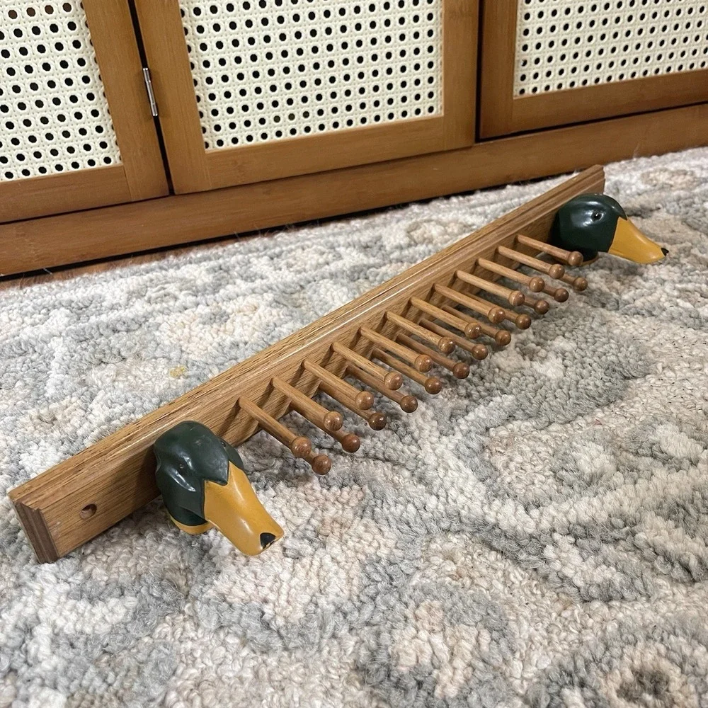 Vtg 50s Drake Mallard Duck Wooden Tie Rack 24 Pegs Handmade Cabin Hunting Rustic